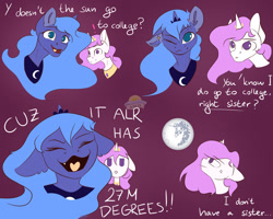 Size: 1280x1024 | Tagged: safe, artist:laurabaggins, princess celestia, princess luna, alicorn, pony, banishment, celestia is not amused, college, comic, cross-popping veins, cute, cute little fangs, fangs, joke, lunabetes, mare in the moon, moon, pink-mane celestia, pun, s1 luna, sun, to the moon, unamused, younger