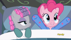 Size: 400x225 | Tagged: safe, screencap, maud pie, pinkie pie, earth pony, pony, rock solid friendship, animated, bed, clapping, clothes, cute, diapinkes, discovery family logo, duo, female, gif, hair curlers, hoofy-kicks, loop, mare, pajamas, pillow, sisters