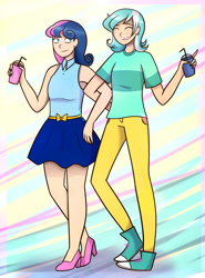 Size: 1599x2157 | Tagged: safe, artist:katedoof, bon bon, lyra heartstrings, sweetie drops, human, abstract background, clothes, converse, drink, duo, ear piercing, earring, humanized, jewelry, piercing, shoes, smiling, smoothie