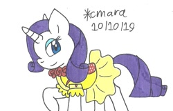 Size: 1014x651 | Tagged: safe, artist:cmara, rarity, pony, unicorn, clothes, dress, eyeshadow, female, makeup, mare, raised hoof, simple background, solo, traditional art, white background