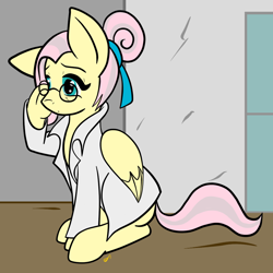 Size: 1000x1000 | Tagged: safe, artist:taletrotter, fluttershy, oc, oc:penitence, pegasus, pony, fallout equestria, adjusting glasses, clothes, disguise, fanfic, fanfic art, female, folded wings, followers of the apocalypse, glasses, hair bun, hooves, lab coat, looking at something, mare, ministry mares, older, sitting, solo, wings