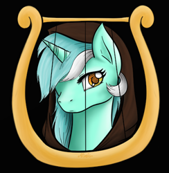 Size: 453x464 | Tagged: safe, artist:mimicproductions, lyra heartstrings, black background, looking at you, lyre, one eye closed, simple background, solo, wink