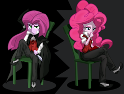 Size: 2900x2200 | Tagged: safe, artist:geraritydevillefort, pinkie pie, equestria girls, chair, clothes, dr jekyll, dr jekyll and mr hyde, dr pinkie and miss pie, duality, knife, looking at you, mr hyde, pinkamena diane pie, smiling