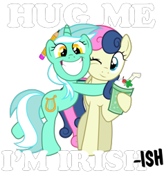 Size: 5000x5266 | Tagged: safe, artist:marble-soda, bon bon, lyra heartstrings, sweetie drops, earth pony, pony, unicorn, absurd resolution, adorabon, correction, cute, drink, female, hug, hug me im irish, lesbian, lyrabetes, lyrabon, lyrish, pencil, shipping, simple background, text, transparent background