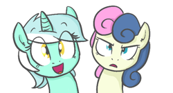 Size: 568x306 | Tagged: safe, artist:shoutingisfun, bon bon, lyra heartstrings, sweetie drops, earth pony, pony, unicorn, bon bon is not amused, bust, cropped, duo, looking at you, lyra is amused, open mouth, portrait, simple background, smiling, unamused, varying degrees of want, white background