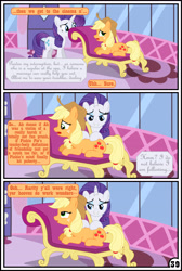 Size: 3254x4837 | Tagged: safe, artist:gutovi, applejack, rarity, earth pony, pony, unicorn, comic:why me!?, absurd resolution, carousel boutique, comic, fainting couch, female, lesbian, mare, massage, rarijack, shipping