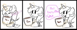 Size: 894x353 | Tagged: safe, artist:lyres-art, lyra heartstrings, pony, unicorn, chibi, comic, cup, food, levitation, magic, partial color, sketch, solo, tea, teacup, telekinesis, vulgar