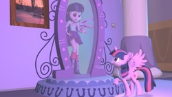 Size: 2560x1440 | Tagged: safe, artist:thespahthatspies, derpibooru import, twilight sparkle, twilight sparkle (alicorn), alicorn, equestria girls, 3d, magic mirror, mirror, paradox, scene interpretation, self paradox, self ponidox, source filmmaker