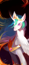 Size: 651x1413 | Tagged: safe, artist:dreamsugar, daybreaker, princess celestia, alicorn, pony, curved horn, duality, female, horn, jewelry, looking at you, mare, regalia, solo