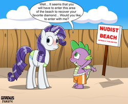 Size: 1995x1630 | Tagged: safe, artist:gradiusfanatic, rarity, spike, dragon, pony, unicorn, beach, bikini, blushing, clothes, embarrassed, female, fence, green swimsuit, male, mare, nude beach, nudist beach, orange swimsuit, sign, swimming trunks, swimsuit, we don't normally wear clothes, winged spike