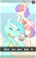 Size: 746x1198 | Tagged: safe, artist:braindead, bon bon, lyra heartstrings, sweetie drops, earth pony, pony, semi-anthro, unicorn, beach, beach ball, bikini, clothes, female, ocean, selfie, swimsuit, umbrella drink, wish you were here