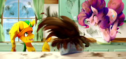 Size: 1024x481 | Tagged: safe, artist:scynexx, pinkie pie, oc, oc:jester, pony, cake, chocolate, chocolate cake, commission, duo, earth, female, food, kitchen, mare, window