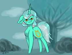 Size: 3850x2975 | Tagged: safe, artist:zombiecupcake101, lyra heartstrings, pony, unicorn, big ears, bush, chest fluff, cloud, cloudy, female, floppy ears, fluffy, long horn, mare, signature, smiling, solo, tree