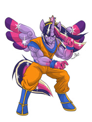 Size: 600x800 | Tagged: safe, derpibooru import, twilight sparkle, twilight sparkle (alicorn), alicorn, anthro, dragon ball z, goku, human facial structure, muscles, rainbow power, son twilight, super saiyan princess, twilight muscle