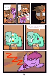 Size: 6742x10342 | Tagged: safe, artist:provolonepone, berry punch, berryshine, lyra heartstrings, oc, pony, comic:lyra's verse, absurd resolution, bowtie, cider, comic, cross-popping veins, sleeping, xd, zzz