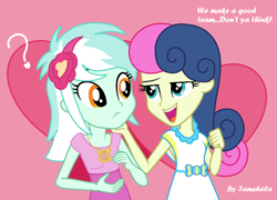 Size: 1024x739 | Tagged: safe, artist:iamsheila, bon bon, lyra heartstrings, sweetie drops, equestria girls, confused, female, heart, lesbian, lidded eyes, looking at each other, lyrabon, open mouth, question mark, shipping, smiling