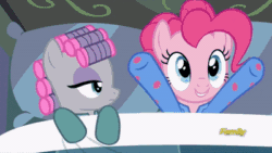 Size: 400x225 | Tagged: safe, edit, screencap, maud pie, pinkie pie, pony, rock solid friendship, animated, bed, clapping, clothes, cute, diapinkes, discovery family logo, footed sleeper, gif, hair curlers, loop, pajamas, pillow
