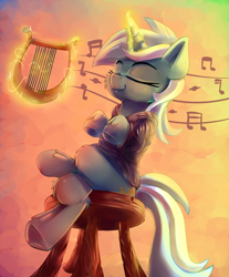 Size: 1657x2000 | Tagged: safe, artist:discorded, lyra heartstrings, pony, unicorn, fanfic:background pony, clothes, crossed legs, eyes closed, female, glowing horn, hoodie, lyre, magic, mare, music, music notes, sitting, sitting lyra, smiling, solo, stool, sweater, telekinesis, underhoof, unshorn fetlocks