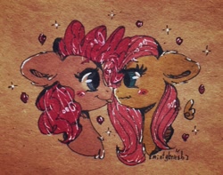 Size: 1741x1375 | Tagged: safe, artist:mintybrush, fluttershy, pinkie pie, earth pony, pegasus, pony, blushing, bust, eye contact, female, floating wings, floppy ears, flutterpie, lesbian, looking at each other, mare, profile, shipping, tongue out, traditional art