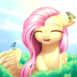 Size: 2000x2000 | Tagged: safe, artist:zukiq314, fluttershy, butterfly, pegasus, pony, bush, cute, daaaaaaaaaaaw, eyes closed, female, floppy ears, happy, hnnng, mare, open mouth, shyabetes, smiling, solo, spread wings, wings