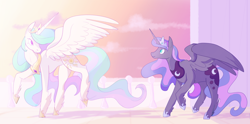 Size: 1280x634 | Tagged: safe, artist:lionsca, princess celestia, princess luna, alicorn, pony, crepuscular rays, cute, dawn, duo, ethereal mane, female, flowing mane, jewelry, mare, regalia, sisters