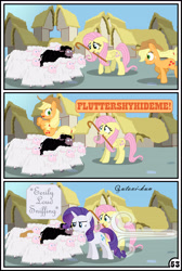 Size: 3254x4837 | Tagged: safe, artist:gutovi, applejack, fluttershy, rarity, earth pony, pegasus, pony, sheep, unicorn, comic:why me!?, absurd resolution, black sheep, comic, female, lesbian, mare, rarijack, shipping, signature