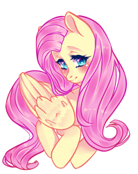 Size: 1590x2000 | Tagged: safe, artist:marselianya, fluttershy, pegasus, pony, blushing, female, folded wings, head turn, looking at you, looking sideways, simple background, solo, transparent background