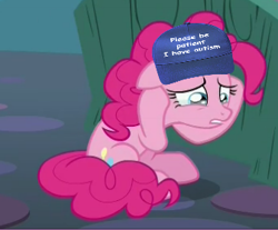Size: 336x278 | Tagged: safe, edit, edited screencap, screencap, pinkie pie, earth pony, pony, rock solid friendship, autism, cap, cropped, crying, hat, meme, please be patient i have autism, sad, solo