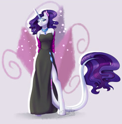 Size: 2208x2236 | Tagged: safe, artist:dinkydoolove, rarity, anthro, unguligrade anthro, unicorn, bare shoulders, clothes, dress, female, jewelry, leonine tail, looking at you, mare, necklace, redraw, side slit, solo