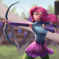 Size: 1000x1000 | Tagged: safe, artist:vanillaghosties, fluttershy, human, equestria girls, friendship games, archer, armpits, arrow, bow (weapon), bow and arrow, clothes, humanized, smiling, solo, weapon