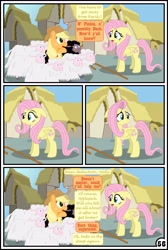 Size: 3254x4837 | Tagged: safe, artist:gutovi, applejack, fluttershy, earth pony, pegasus, pony, sheep, comic:why me!?, absurd resolution, appleshy, black sheep, comic, female, lesbian, mare, shipping, signature