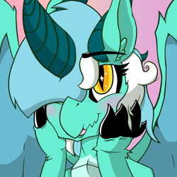 Size: 1500x1500 | Tagged: safe, alternate version, artist:dragonpone, derpibooru exclusive, lyra heartstrings, dragon, blushing, dragon lord lyra, dragonified, ear fluff, freckles, gradient background, hair over one eye, open mouth, shoulder freckles, smiling, solo, species swap, spread wings, starry eyes, wingding eyes