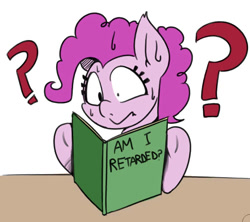 Size: 814x724 | Tagged: safe, artist:alvh-omega, pinkie pie, earth pony, pony, 4chan, book, drawthread, hoof hold, question mark, simple background, solo, sweat, white background