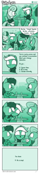 Size: 641x2715 | Tagged: safe, artist:dori-to, bon bon, lyra heartstrings, sweetie drops, pony, unicorn, comic:silly lyra, clothes, comic, dialogue, female, floppy ears, green background, greenscale, hoodie, humie, mare, monochrome, shrunken pupils, silly lyra, simple background, table