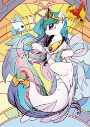 Size: 400x563 | Tagged: safe, artist:yukandasama, philomena, princess celestia, alicorn, fish, phoenix, pony, seapony (g4), spoiler:comic, angelfish, female, mare, seaponified, seapony celestia, species swap, stained glass