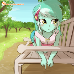 Size: 750x750 | Tagged: safe, artist:lumineko, lyra heartstrings, equestria girls, all fours, bench, blushing, clothes, cute, female, humans doing horse things, jewelry, kneeling, lyra doing lyra things, lyrabetes, necklace, park, patreon, patreon logo, prone, smiling, solo, tree