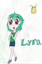 Size: 1351x2067 | Tagged: safe, artist:cutiebeauty8, lyra heartstrings, human, horned humanization, humanized, smiling, solo, traditional art