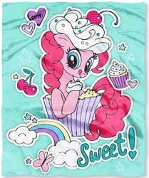 Size: 1193x1426 | Tagged: safe, pinkie pie, butterfly, pony, blanket, cherry, cupcake, cute, diapinkes, food, merchandise, ponies in food, rainbow, solo, stars, sweet