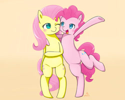Size: 1024x819 | Tagged: safe, artist:zoxriver503, fluttershy, pinkie pie, earth pony, pegasus, pony, armpits, bipedal, blushing, both cutie marks, hug, simple background