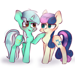 Size: 2048x1861 | Tagged: safe, artist:amerikaingle, artist:windymils, bon bon, lyra heartstrings, sweetie drops, earth pony, pony, unicorn, blushing, duo, looking at each other, simple background, white background