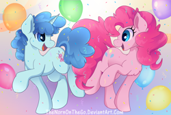 Size: 1000x677 | Tagged: safe, artist:thenornonthego, party favor, pinkie pie, earth pony, pony, unicorn, balloon, cute, duo, female, looking at each other, male, mare, open mouth, smiling, stallion