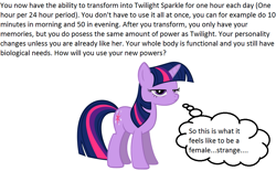 Size: 957x593 | Tagged: safe, derpibooru import, twilight sparkle, bronybait, human to pony, meme, meta, rule 63, simple background, solo, text, transformation, transgender transformation, vector, what do, white background