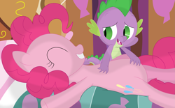 Size: 3561x2209 | Tagged: safe, artist:porygon2z, pinkie pie, spike, dragon, earth pony, pony, bed, bellyrubs, happy, laughing, smiling, tickling, vector