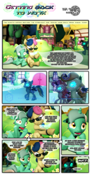 Size: 1247x2377 | Tagged: safe, artist:powdan, bon bon, lyra heartstrings, sweetie drops, changeling, comic:getting back to work, to where and back again, 3d, comic, dialogue, gmod, ponyville, secret agent sweetie drops
