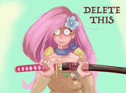 Size: 1280x941 | Tagged: safe, artist:sundown, edit, fluttershy, human, breasts, cleavage, delet this, edgy, female, hootershy, humanized, image macro, katana, meme, out of character, sword, weapon