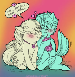 Size: 962x1000 | Tagged: safe, artist:kaemantis, bon bon, lyra heartstrings, sweetie drops, pony, adorabon, blushing, cute, dialogue, drink, ear piercing, earring, eyes closed, female, floppy ears, german, gradient background, heart, jewelry, lesbian, limited palette, lyrabetes, lyrabon, necklace, one eye closed, open mouth, pendant, piercing, shipping, sitting, smiling, speech bubble, tail, tailboner, underhoof