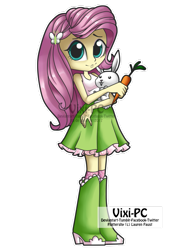 Size: 763x1048 | Tagged: safe, artist:vixi-pc, angel bunny, fluttershy, equestria girls, carrot, clothes, female, food, looking at you, simple background, skirt, tanktop, transparent background, watermark