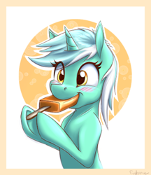 Size: 600x693 | Tagged: safe, artist:fanch1, lyra heartstrings, pony, unicorn, abstract background, background pony, blushing, bust, cute, eating, female, food, ice cream, lyrabetes, mare, smiling, solo