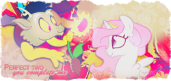 Size: 420x200 | Tagged: safe, artist:sweetleafx, discord, princess celestia, alicorn, draconequus, pony, dislestia, female, flower, male, shipping, simple background, straight, sunflower, transparent background, young celestia