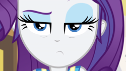 Size: 1164x655 | Tagged: safe, screencap, rarity, better together, equestria girls, holidays unwrapped, close-up, exhausted, eyeshadow, frown, lidded eyes, looking at you, makeup, unamused